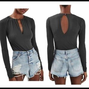 Topshop Black Keyhole Long Sleeve Bodysuit Sz 10